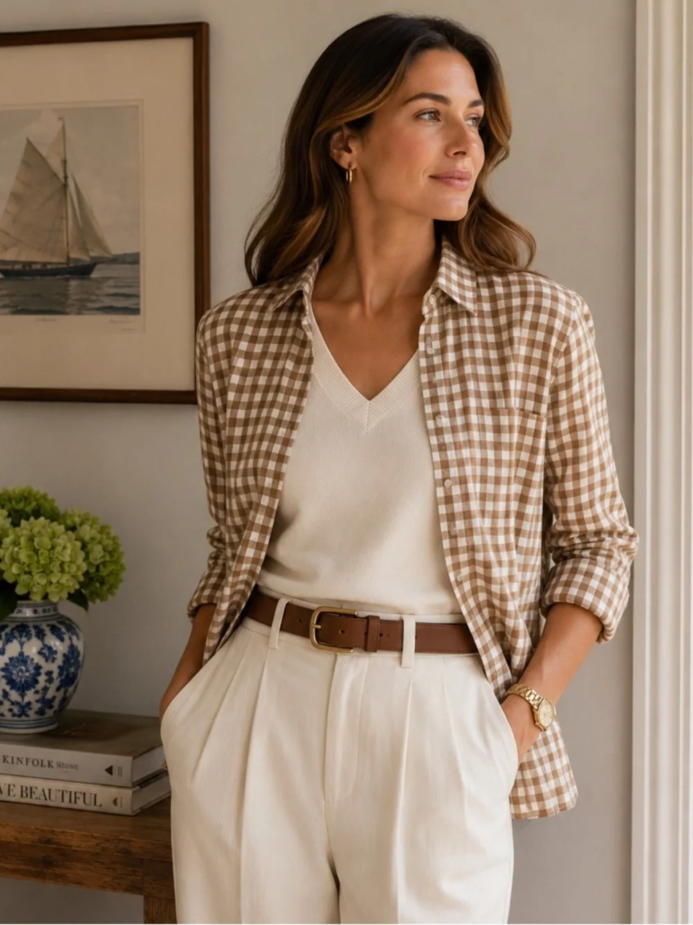 J.Crew Brown & Ivory Gingham Button Front Shirt 100% Cotton Size Medium